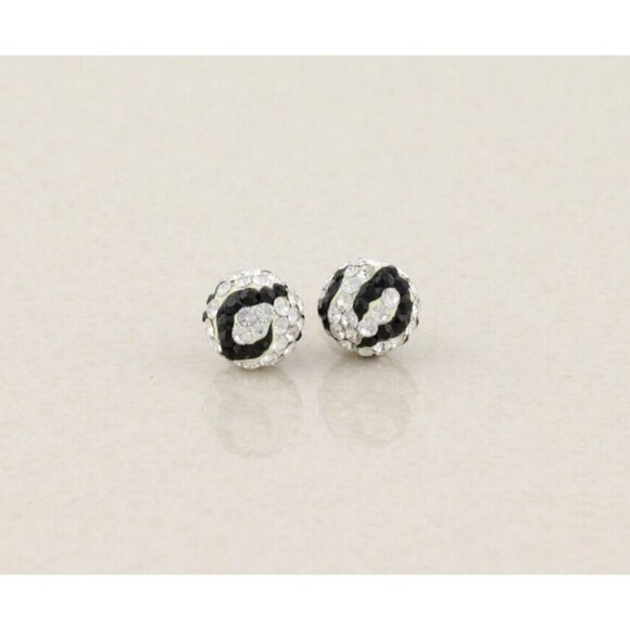 14k White Gold Black & White Crystal Stud Earrings Sparkly Ball - Picture 1 of 9